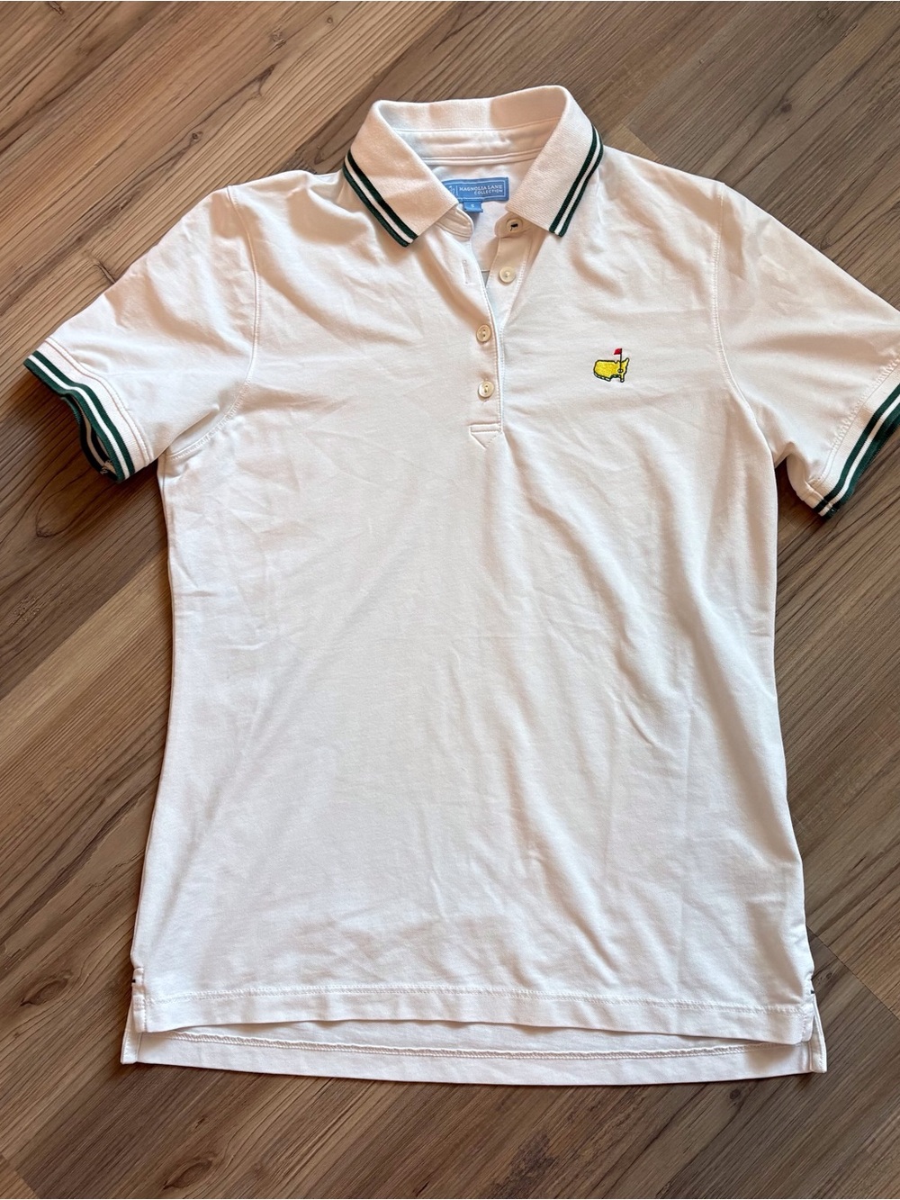 Magnolia Lane White Polo with Green Stripe Trim Size Small